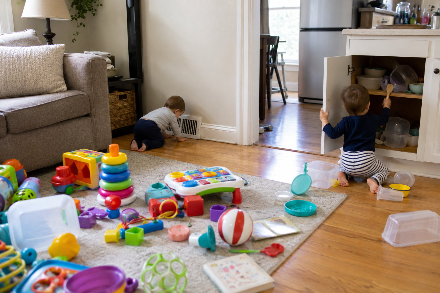 Two babies ignore a room full of colorful toys to investigate a secured floor vent and a safe kitchen cupboard.